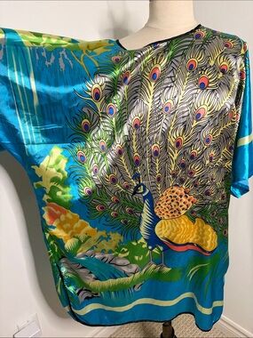 MAYA LINGERIE Multicolor Trim Satin Kaftan- Turquoise & Black FREE SIZE